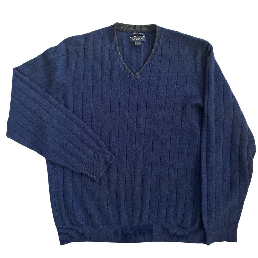 Club Room Sweater Mens L 100% Cashmere V-Neck Ribbed Navy Blue Pullover